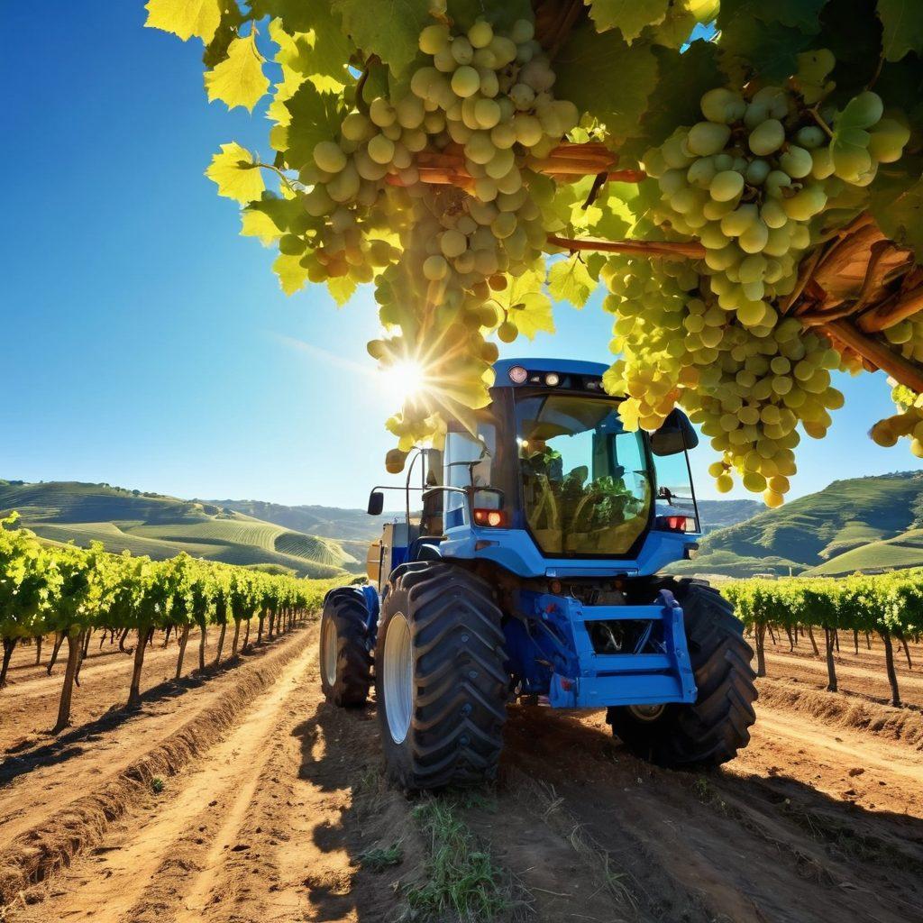 A lush vineyard during harvest season, featuring advanced grape-harvesting machinery in action, with workers efficiently picking grapes under a bright sun. The scene captures the vibrancy of ripe grapes on the vine, surrounded by rolling hills and a clear blue sky. Include elements of teamwork and innovation in agriculture. super-realistic. vibrant colors.