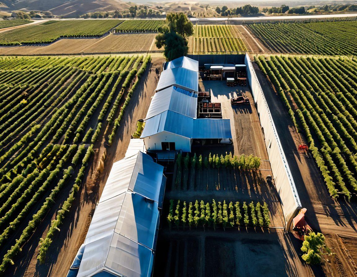 A stunning aerial view of a picturesque vineyard transitioning into a state-of-the-art winery facility, showcasing advanced elevation systems for transporting grapes. The scene includes workers efficiently moving grapes through modern machinery, lush green vines, and barrels stacked in the winery. A sunset casts a golden glow over the landscape, enhancing the ambiance. super-realistic. vibrant colors. 3D.