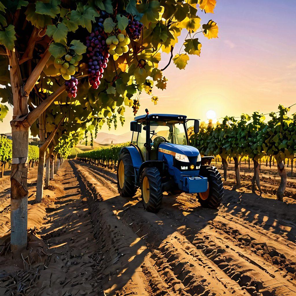 An expansive vineyard at sunset, showcasing rows of lush grapevines with ripe grapes ready for harvest. Include a modern tractor equipped with advanced technology, and workers enthusiastically gathering grapes. Highlight innovative tools and equipment used in wine production, all under a warm golden glow, symbolizing the high-quality process. super-realistic. vibrant colors. 3D.